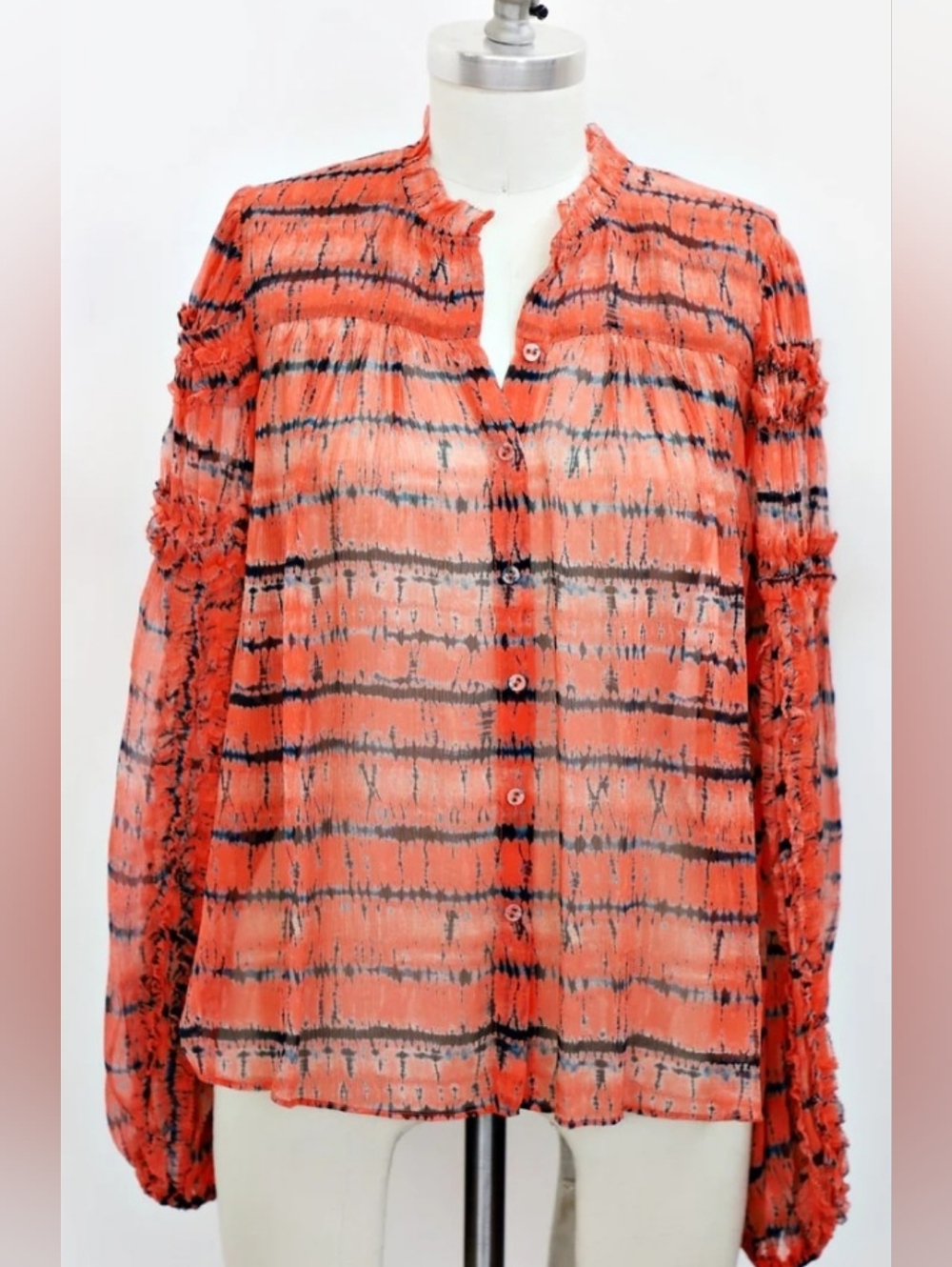 Ulla Johnson Mari Silk Blouse In Chili Tie Dye Orange Red Black Size 2 - Picture 2 of 16